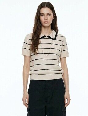 NWT French Connection Navy Striped Collared Short-Sleeve Polo Top In Cream - L